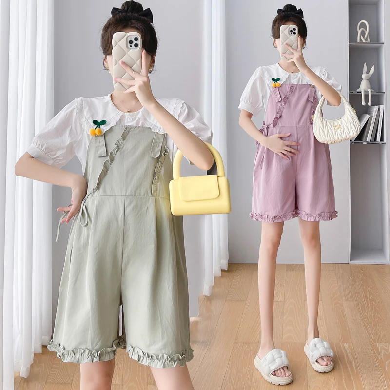 

Maternity Summer Clothes Clothing Set 2023 New For Pregnant Women Peter Pan Collar Top & Fungus Straps Jumpsuit Pants Suits