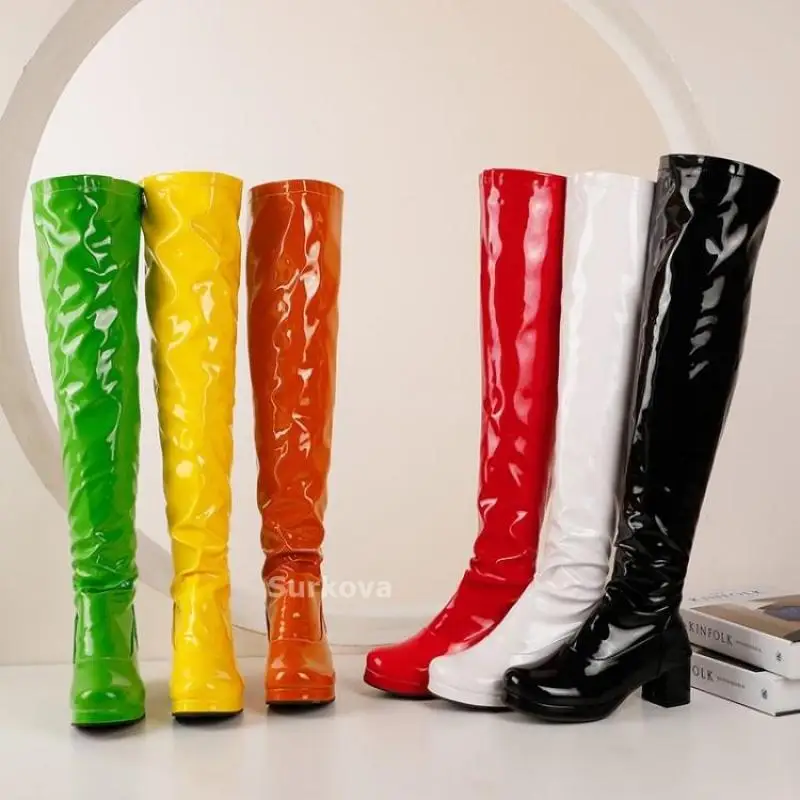 

Macaron Candy PU Leather Women Over The Knee Boots Fashion Platform Thick Heel Ladies Long Boots Party Winter Shoes Green Yellow