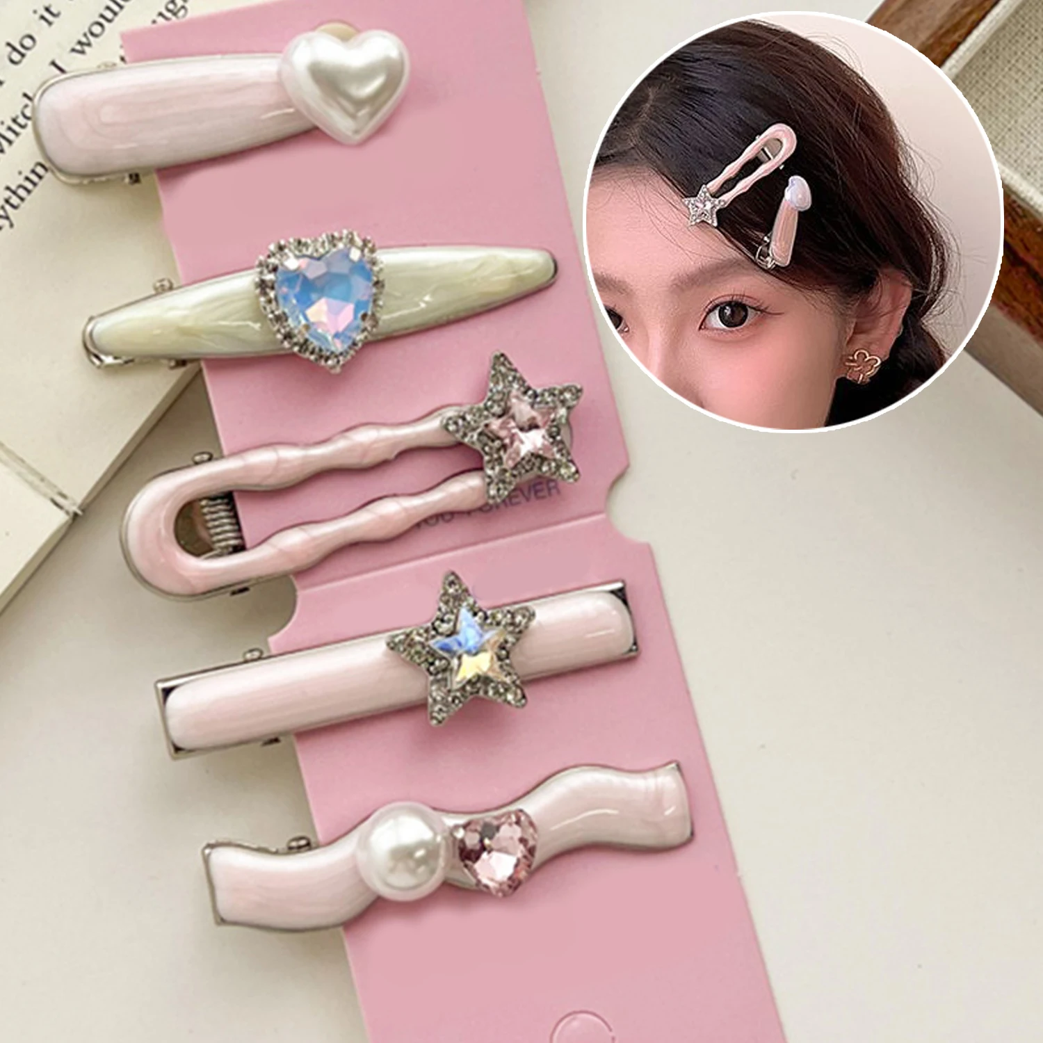 

Girls Y2k Hairpins Sweet Rhinestone Pearl Love Side Bangs Hair Clip Female Ladies Barrettes Duckbill Clip Women Hair Accessories