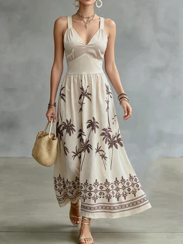 Women's Palm Tree Print V Neck Spaghetti Strap Midi Dress Boho Tribal Border Hem Summer Beach Sundress