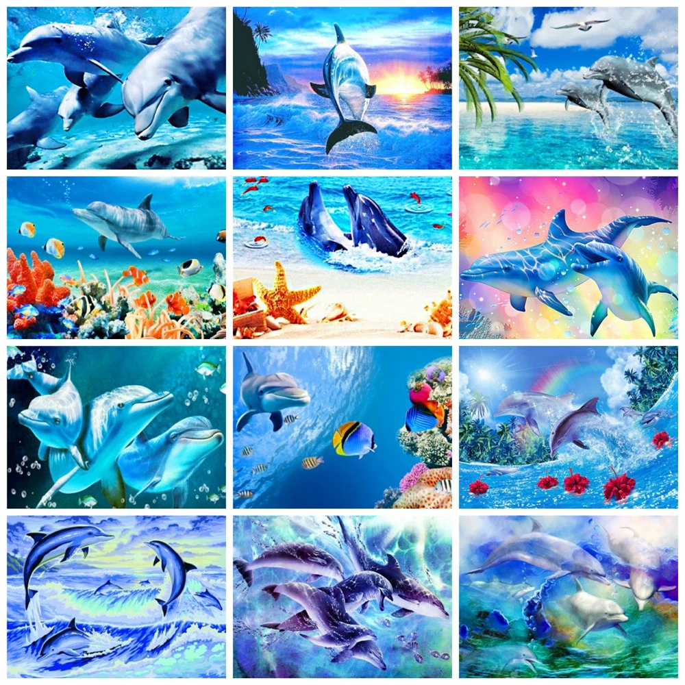 HUACAN Full Round Diamond Painting Dolphin 5D Diamond Embroidery Animals  Kit Mosaic Home Decor