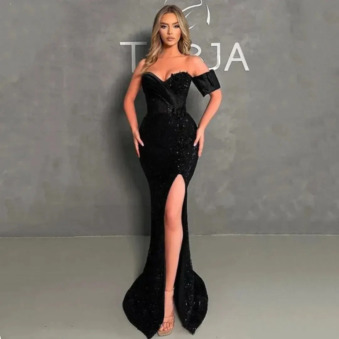 

Sexy Black Sweetheart Off Shoulder Evening Dresses Ruched Sexy Side High Split Formal Prom Party Gowns Vestidos De Noche Custom