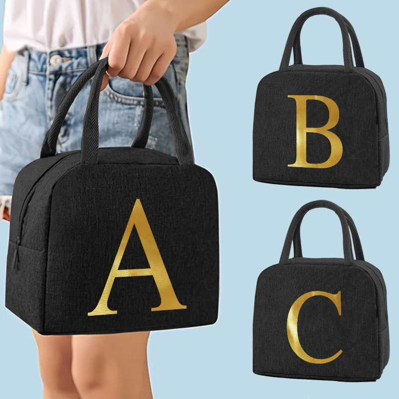 

Thermal Lunch Dinner Bags Canvas Gold Letter Handbag Picnic Travel Breakfast Box School Child Convenient Lunch Bag Tote Food Bag