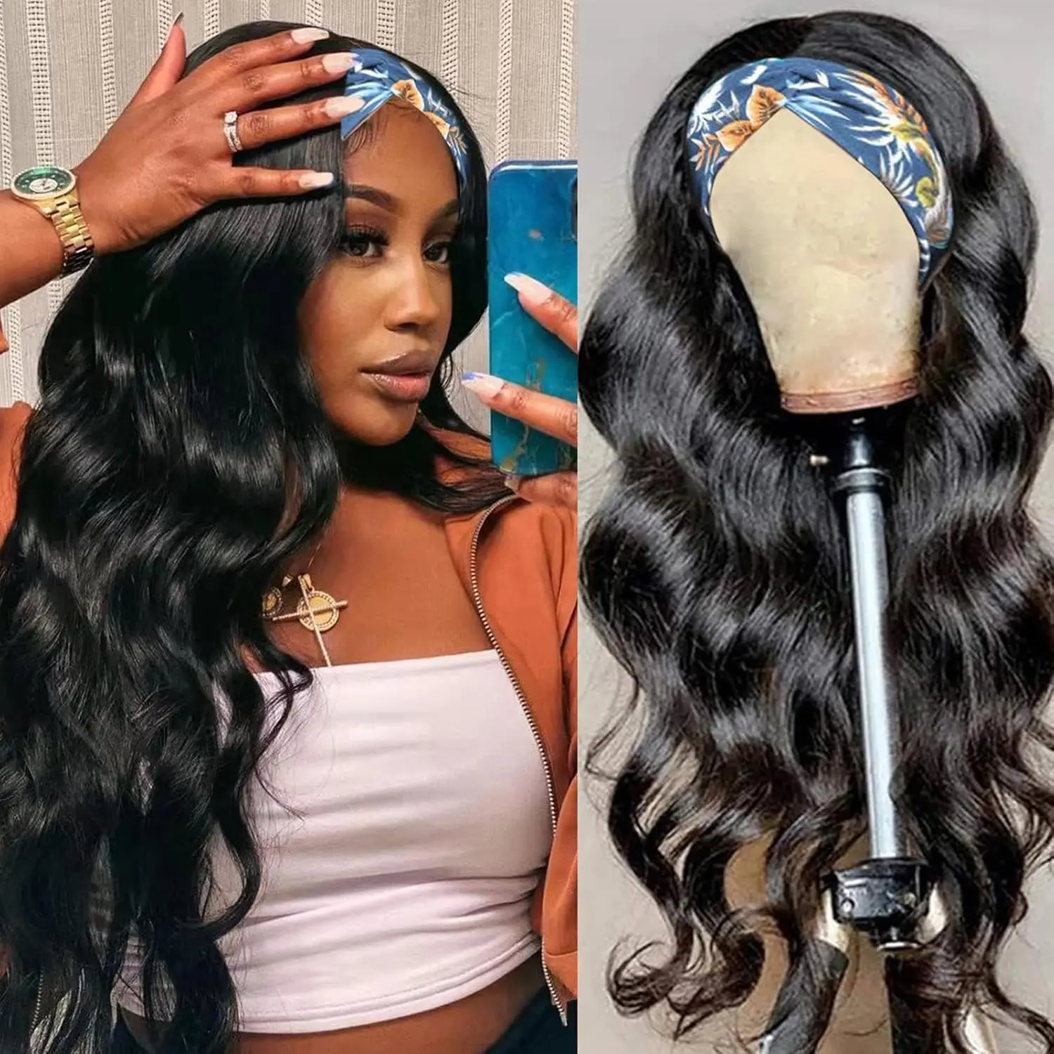 22 Inch Headband Wig Human Hair Wigs None Lace Front Wig Brazilian Virgin Hair Wear and Go Wigs for Black Women 200% Density