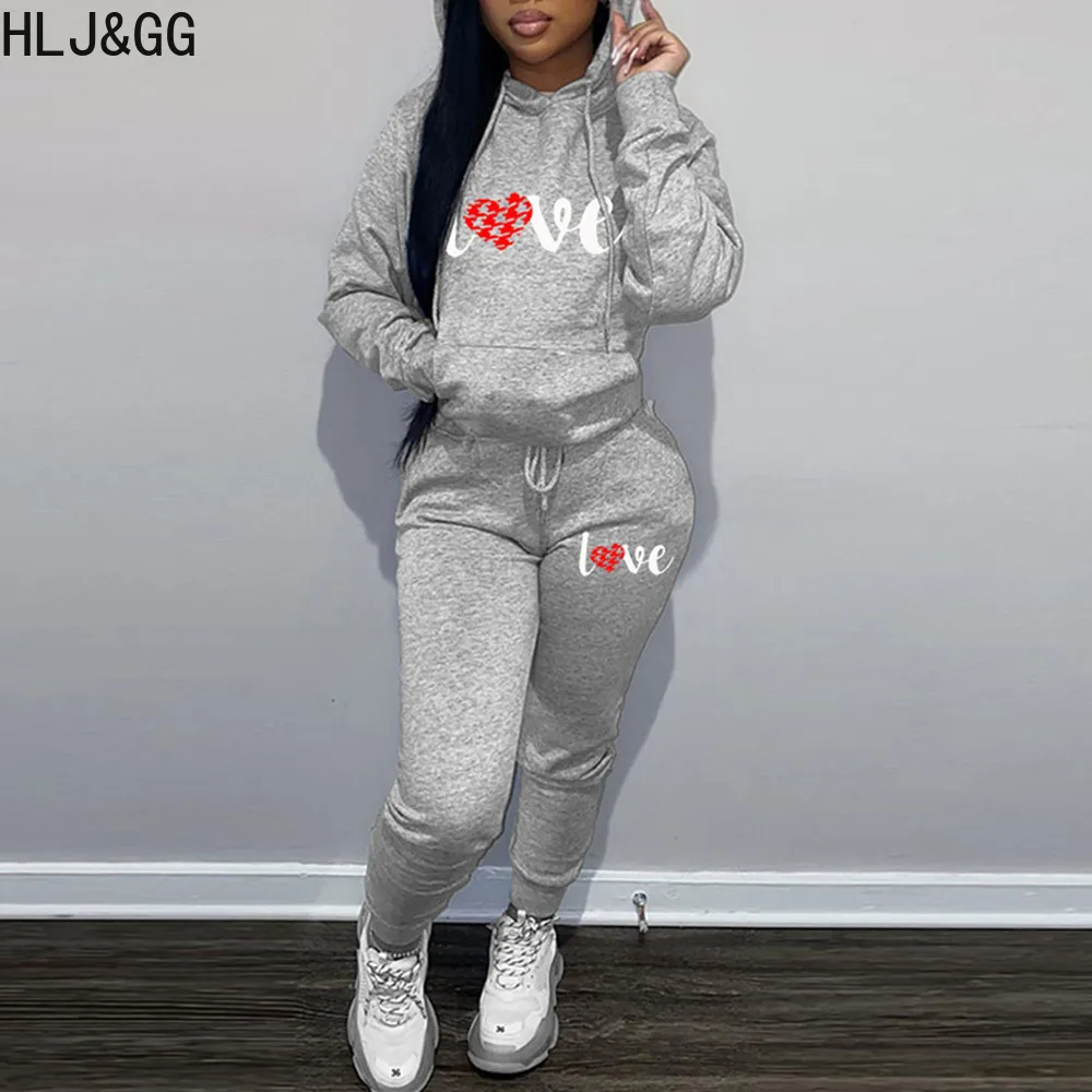 HLJ&GG Autumn Winter Casual Letter Print Jogger Pants Tracksuits Women Long Sleeve Hooded Sweatshirt And Pants Two Piece Outfits