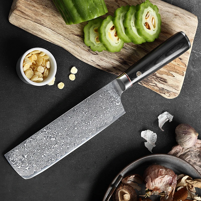 

7 Inch Slicing Knife 10Cr15MoV 67 Layers Damascus Steel Blade Chefs Cleaver Nakiri Kitchen Knives For Cutting Vegetables Meat