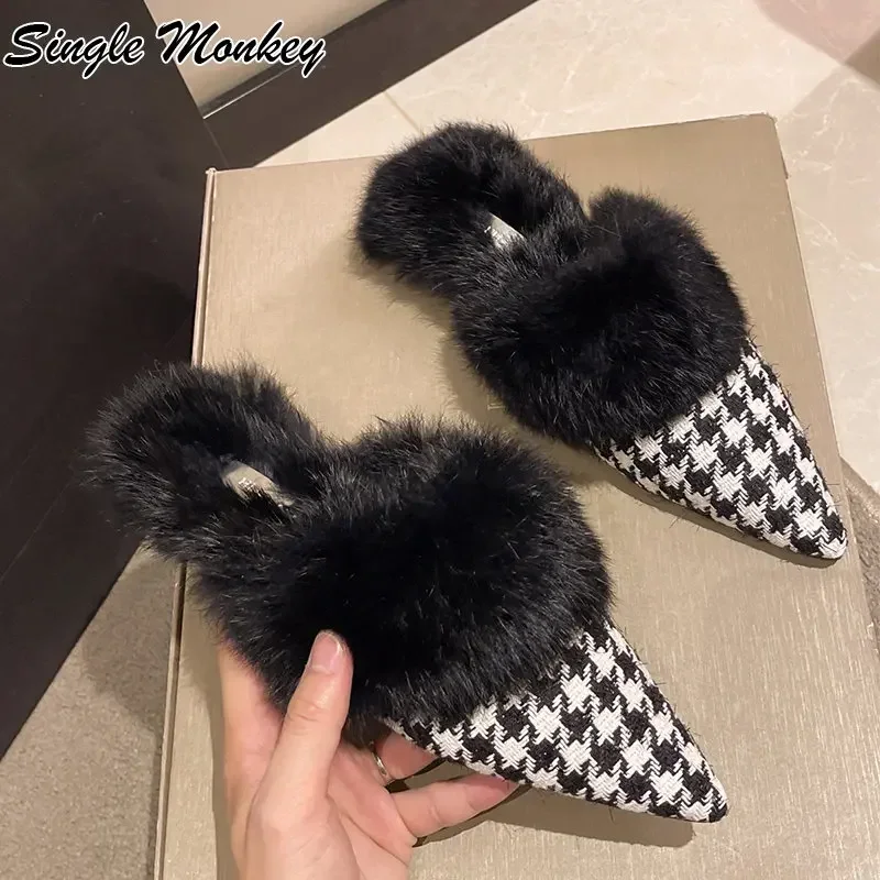 

2022 New Winter Flats Slippers Fur Fashion Designer Women Shoes Warm Mules Femme Shoes Slingbacks Dress Party Causal Slides Lady