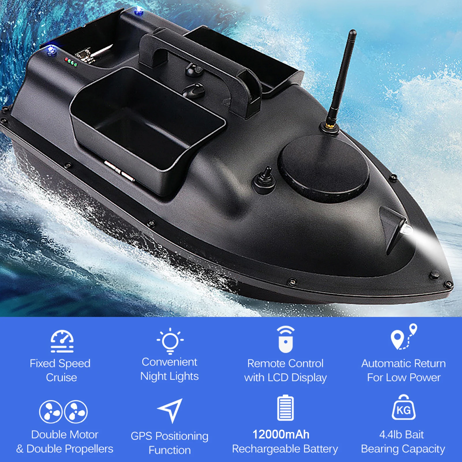12000mAh5200mAhV18GPS500MFishingBaitBoatwith3BaitContainers