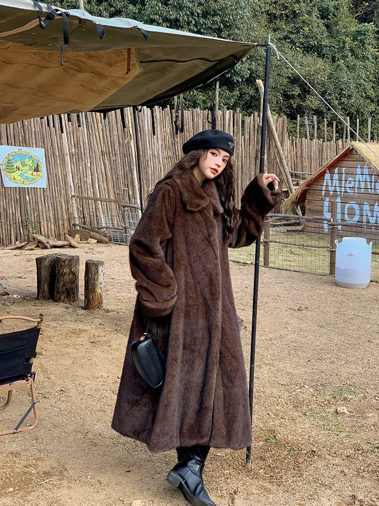 High-end Retro Brown Long Mink Fur Profile Lapel Coat Winter Clothes New Fashion Loose-Fit Long Sleeves Thick Faux Fur Jackets
