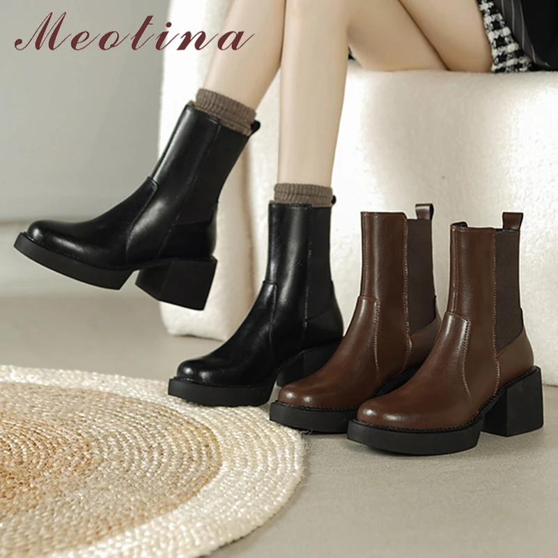 

Meotina Women Genuine Leather Ankle Boots Round Toe Thick High Heel Platform Chelsea Short Boot Lady Fashion Shoes Autumn Winter