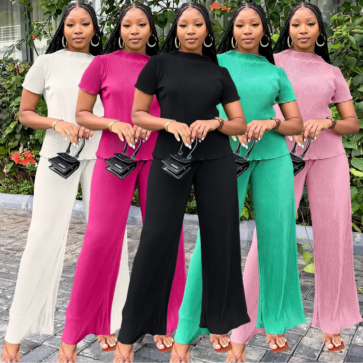 

New Fashion Womens Fashionable and Comfortable Pleated Cloth Leg Swinging Pants Wide Leg Pants Suit Women Clothing 2 Pieces Set
