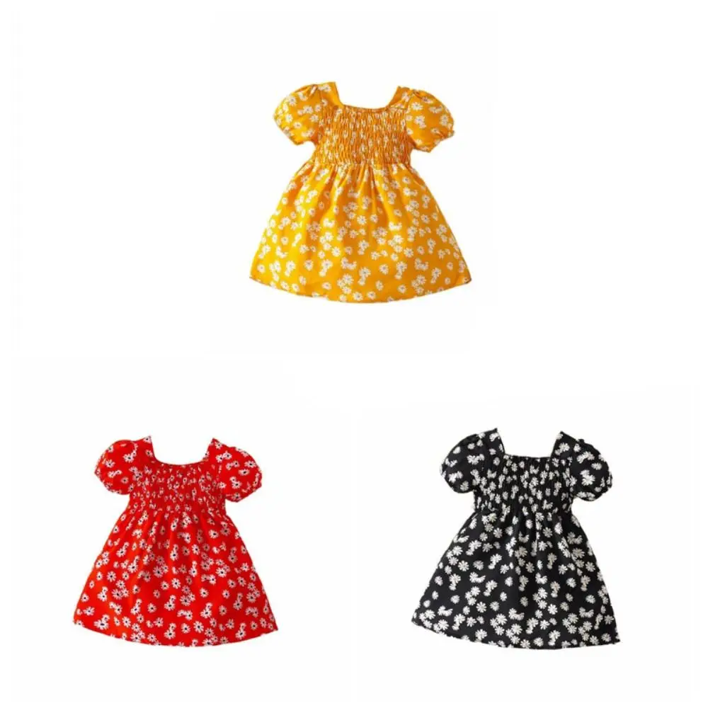Fashion Square Collar Baby Girls Princess Dress Puff Sleeve Beach Vacation Summer Flower Dress Party Sweet Toddle Dress Holiday