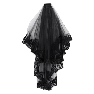 

2t Tier Black Lace Veil Hair Accessory 2 Layers Wedding With Comb Costume Party Headwear
