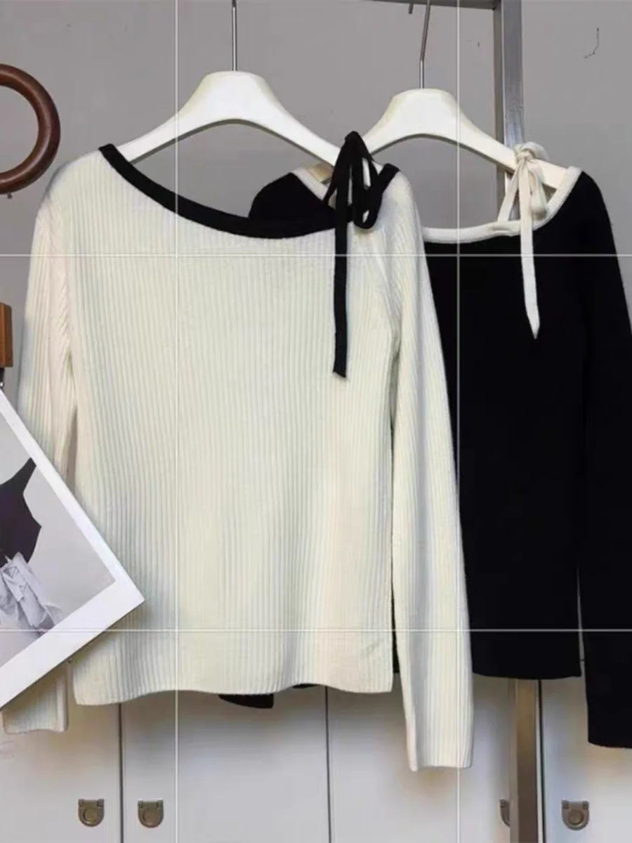 Off-Shoulder Knit Sweater with Tie - Detail View