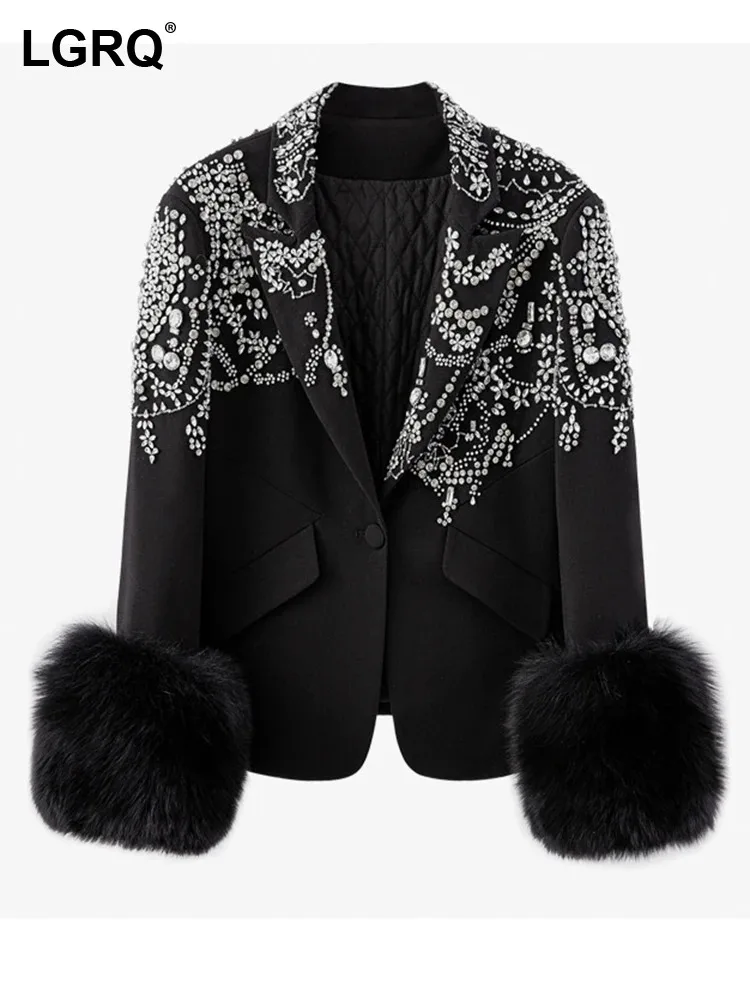 

LGRQ Button Blazer Irregular Rhinestone Single Fashion Feather Spliced Women's Sleeve Black Suit Jackets Spring 2024 New 7B0410