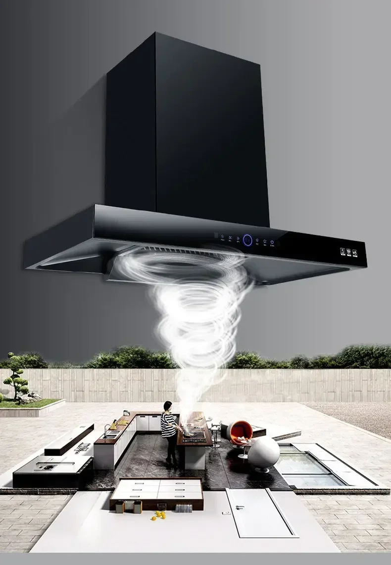 900mm Household Range Hood Kitchen Large Suction Top Suction T-Type Range Hood Body Touch Automatic Cleaning