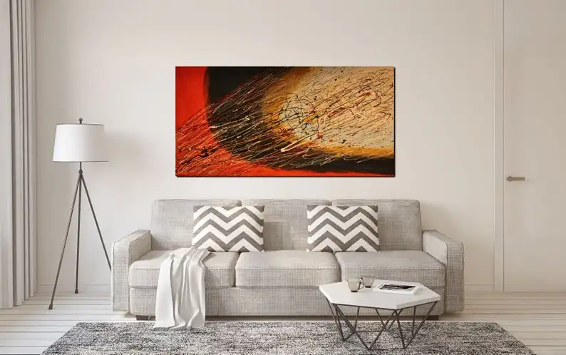 Jackson Pollock Style Painting, Large Long Wall Art, Aesthetic Oversized Canvas Wall Art, Big Oil Painting Above Bed Wall Decor.