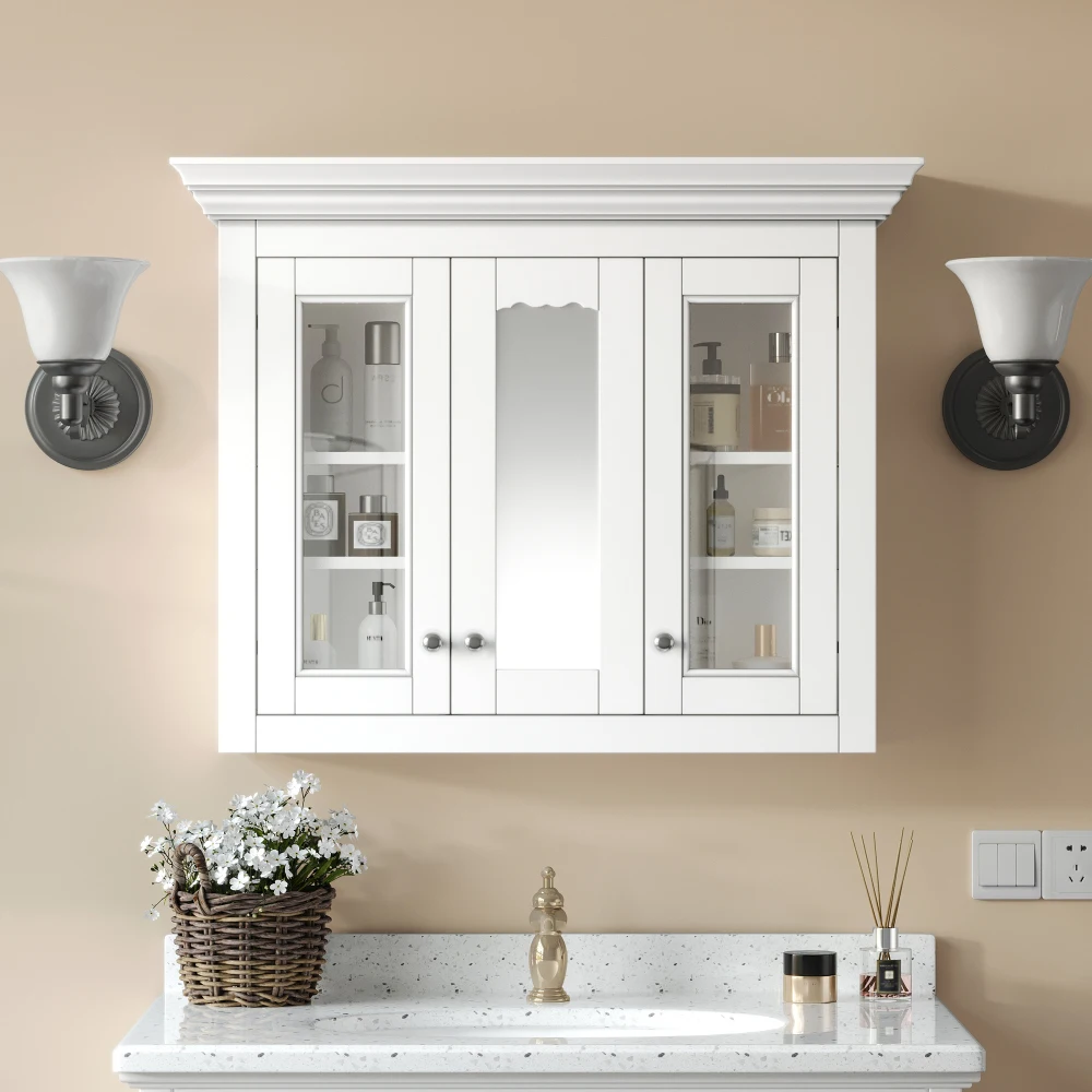 Wood Medicine Cabinet with Mirror Glass Door and Adjustable Shelves