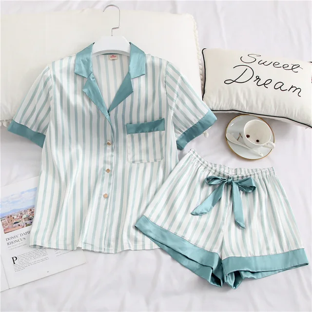 Silk Pajamas for Women Home Suit Heart Embroidered Pyjamas Pj Set Satin Nightwear Sleepwear 2020 Pijama Verano Mujer striped