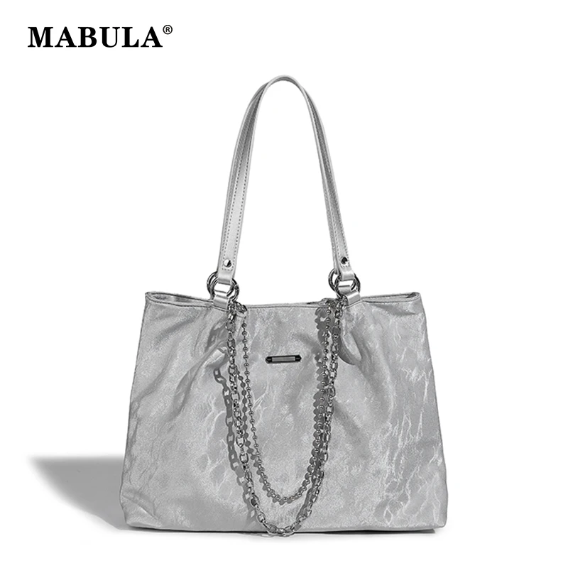 

MABULA Silver Women Nylon Tote Bag Large Capacity Square Chain Female Shoulder Purse Fashion Vintage Work Commuting Wallet