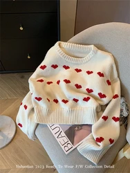 Fashion Simple Classical Knitted Sweater Heart Print O-Neck Long Sleeve Pullovers Preppy Style Sweet Chic Autumn Y2K Streetwear