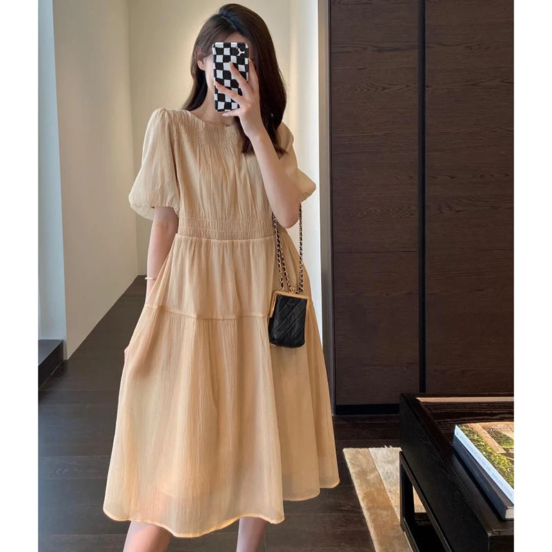 

Fashion O-Neck Spliced Folds Gauze Puff Sleeve Midi Dress Women's Clothing 2024 Summer New Loose Solid Color Princess Dress
