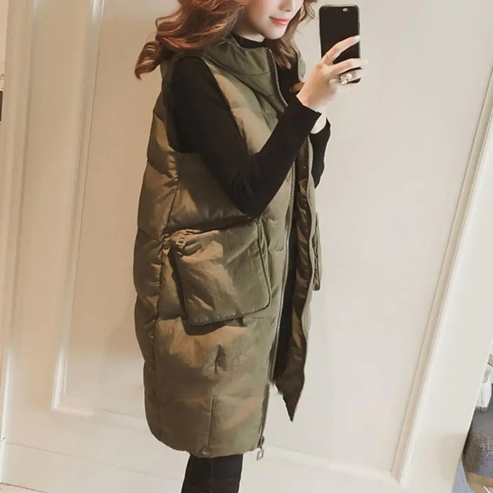 Winter Women Vest Waistcoat Long Cotton Jacket Loose Oversize Warm Bread Jacket Sleeveless Hooded Woman Jacket with Pocket New