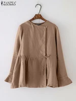 Women Casual Open-front Lace-up Shirts ZANZEA Long Sleeve O Neck Solid Cotton Blouses 2025 Spring Loose Tunic Tops with Pleats - Image 2