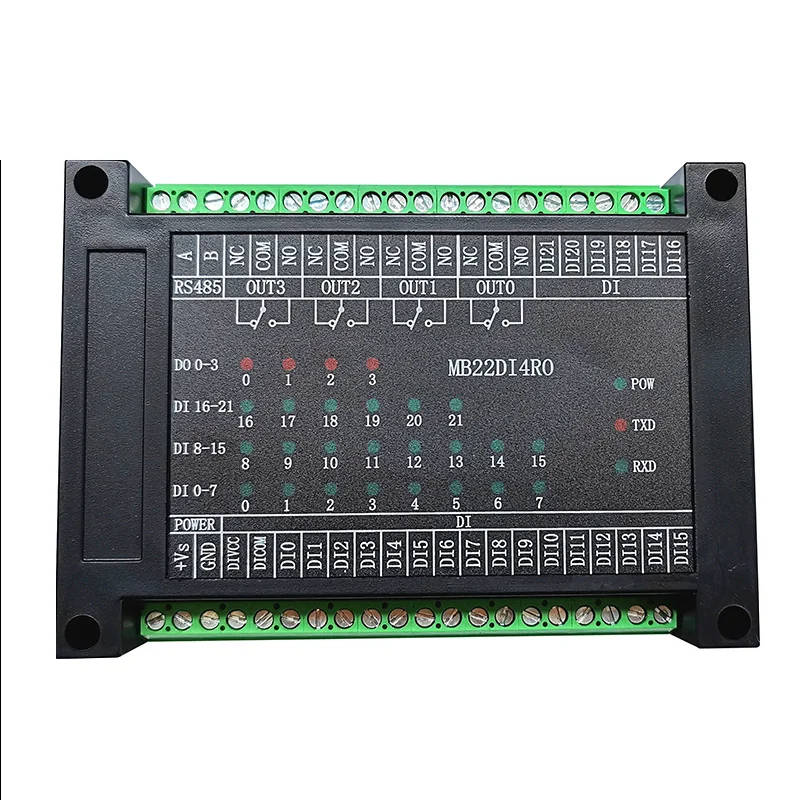 

Switch input and output 22 channels open into 4 channels relay output module RS485 MODBUS-RTU communication MB22DI4RO