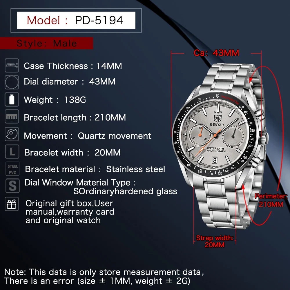 BENYAR New Luxury Men Quartz Wristwatches Top Brand 50M Waterproof Stainless Steel Strap Casual Men Chronograph Watch For Men