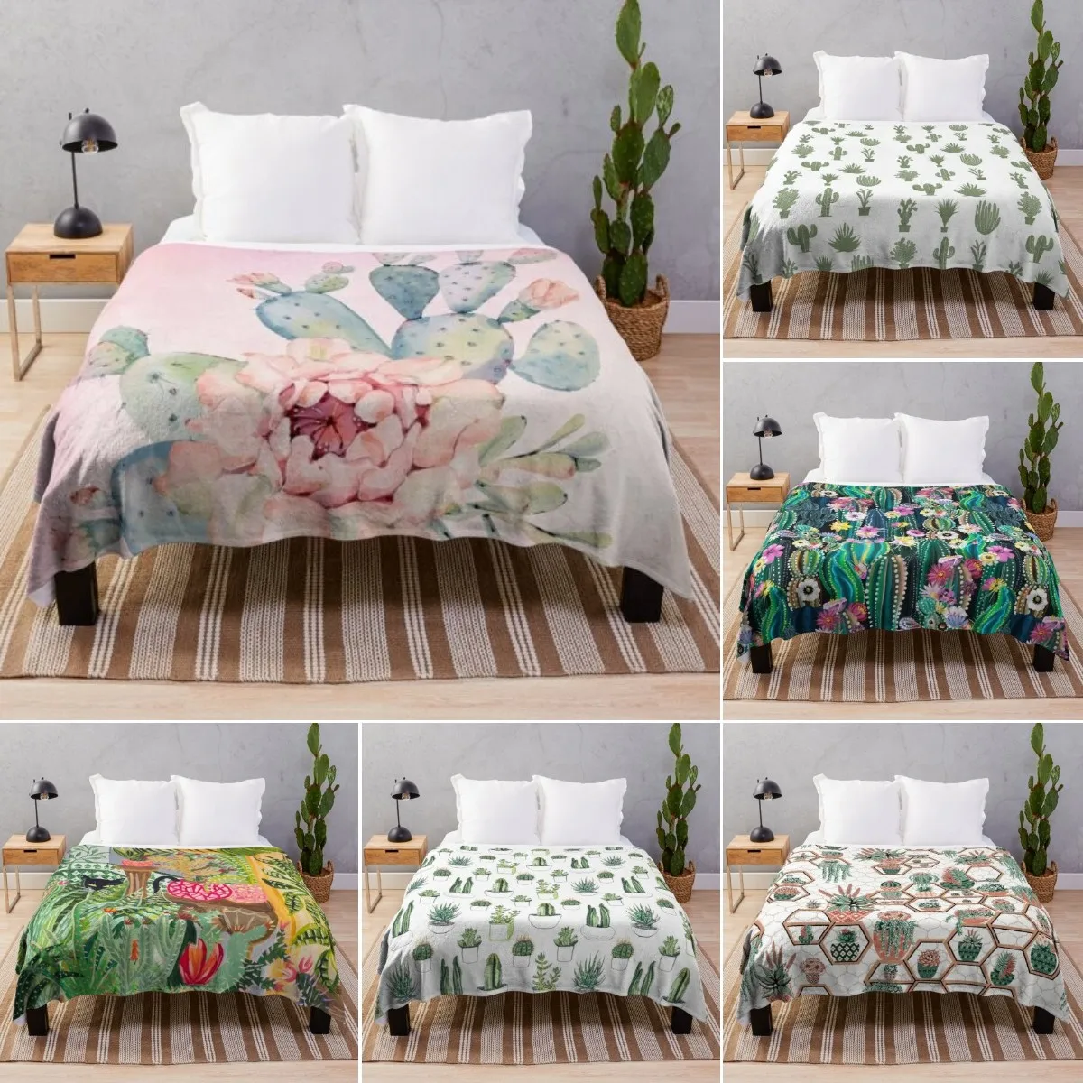 

Cactus Flannel Throw Blanket Green Plant Leaves Pattern King Queen Size Super Soft Lightweight Warm for Living Room Sofa Couch