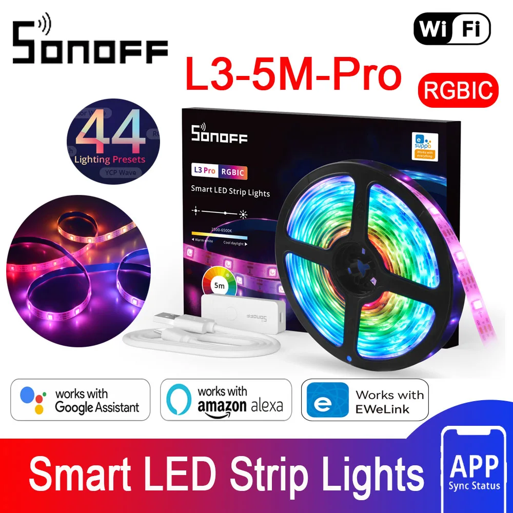 

SONOFF L3 5M Pro RGBIC Wifi Smart LED Strip Lights Wireless Remote Voice/Local Control Type C Adapter Via Alexa Google Home