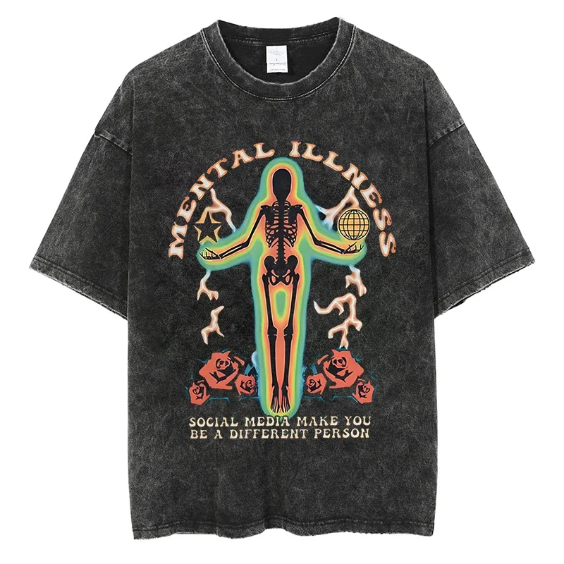 

Футболка Мужская/женская с принтом скелета, Готическая уличная одежда в стиле хип-хоп, винтажная хлопковая рубашка с принтом «умственные болезни», с вымытой розами