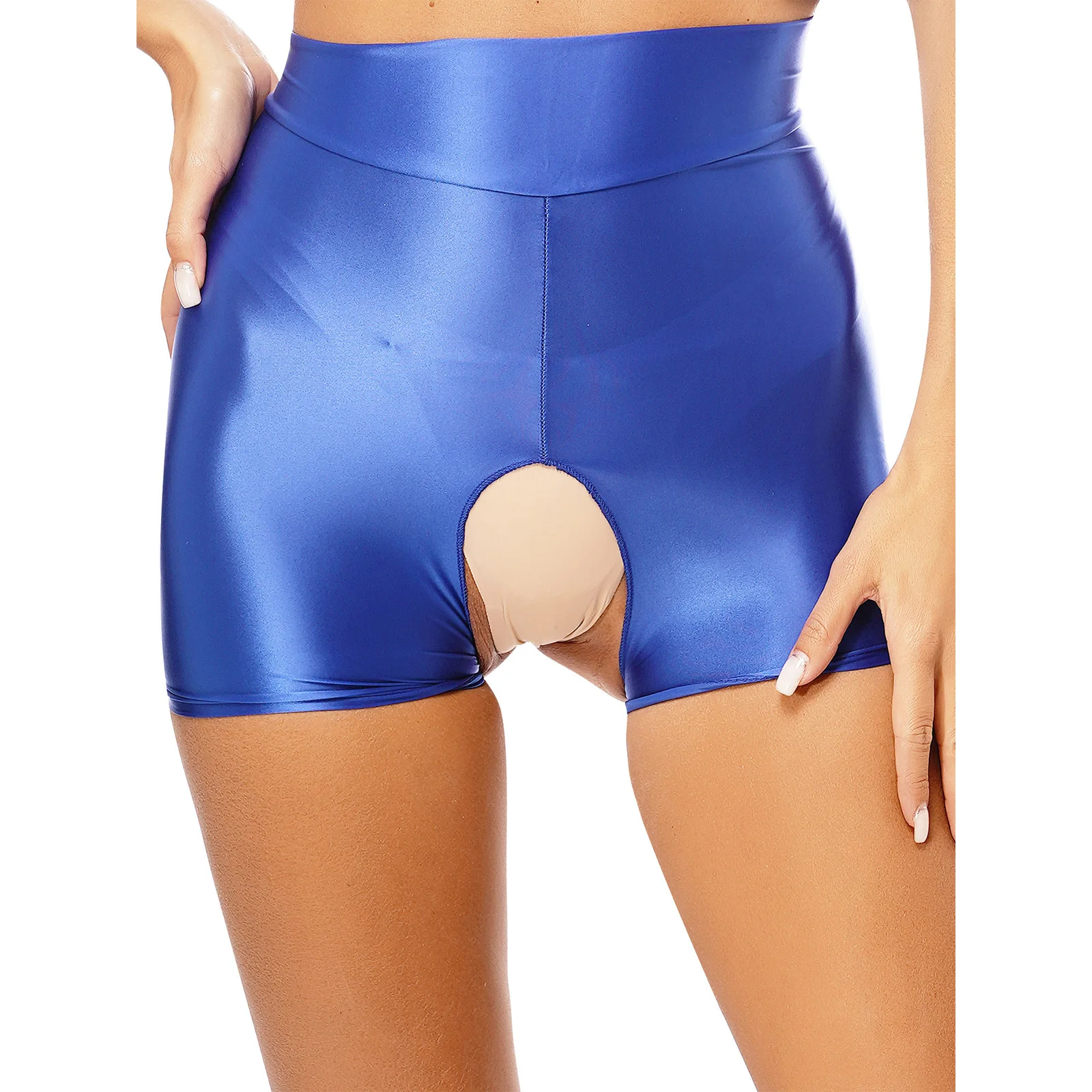 Sexy Womens Glossy Open Crotch Boxer Shorts Underwear Tummy Control Glossy Shapewear Exotic Lingerie for Gym Yoga Nightwear