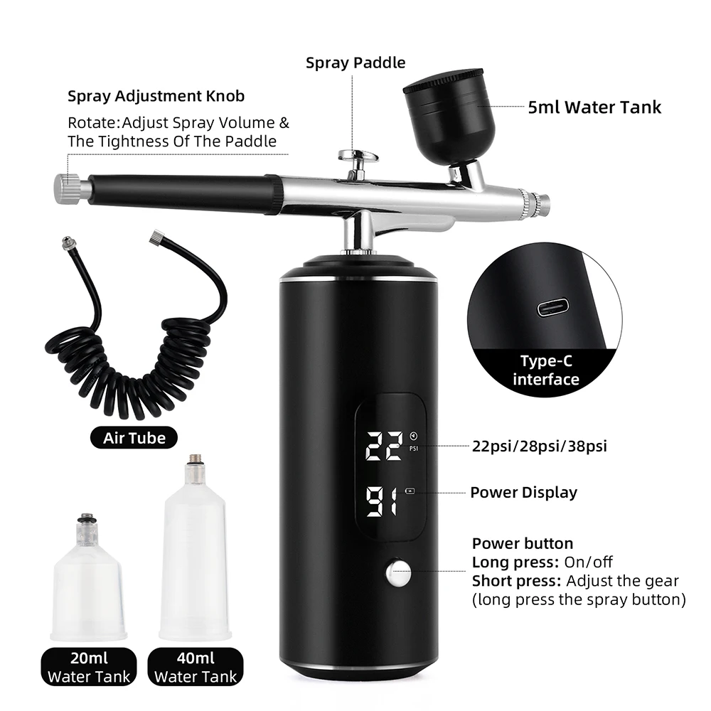 Portable Airbrush Kit 0.3mm Nozzle 3 Gear Air Pressure Wireless Operation Suitable For Manicure Tattoos Art Painting