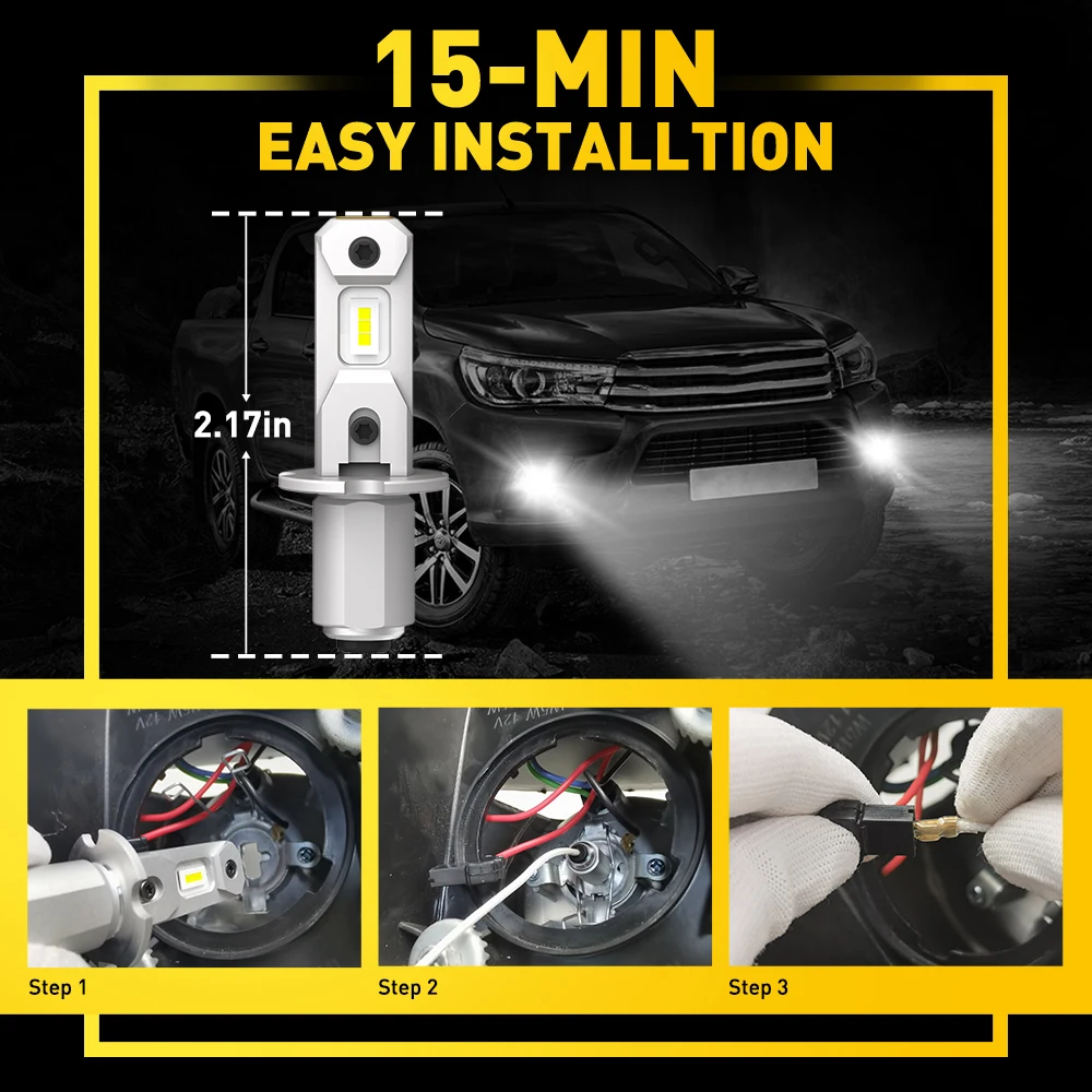 AUXITO 2Pcs H3 LED Headlight Bulb Canbus No Fan High Beam 6500K White Yellow Car LED Fog Light Driving Lamp DRL 12V Mini Design images - 6