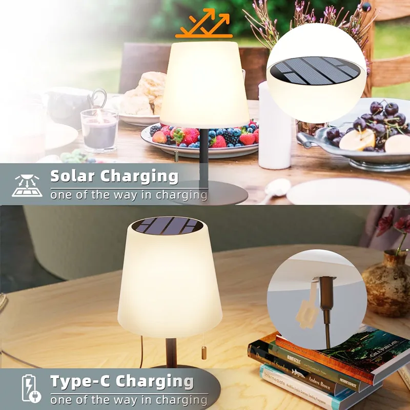 Solar Table Lamp for Camping Garden 2-in-1 Solar & USB Charging Dimmable RGB Colors Wireless IP44 Waterproof Outdoor Lightings 4