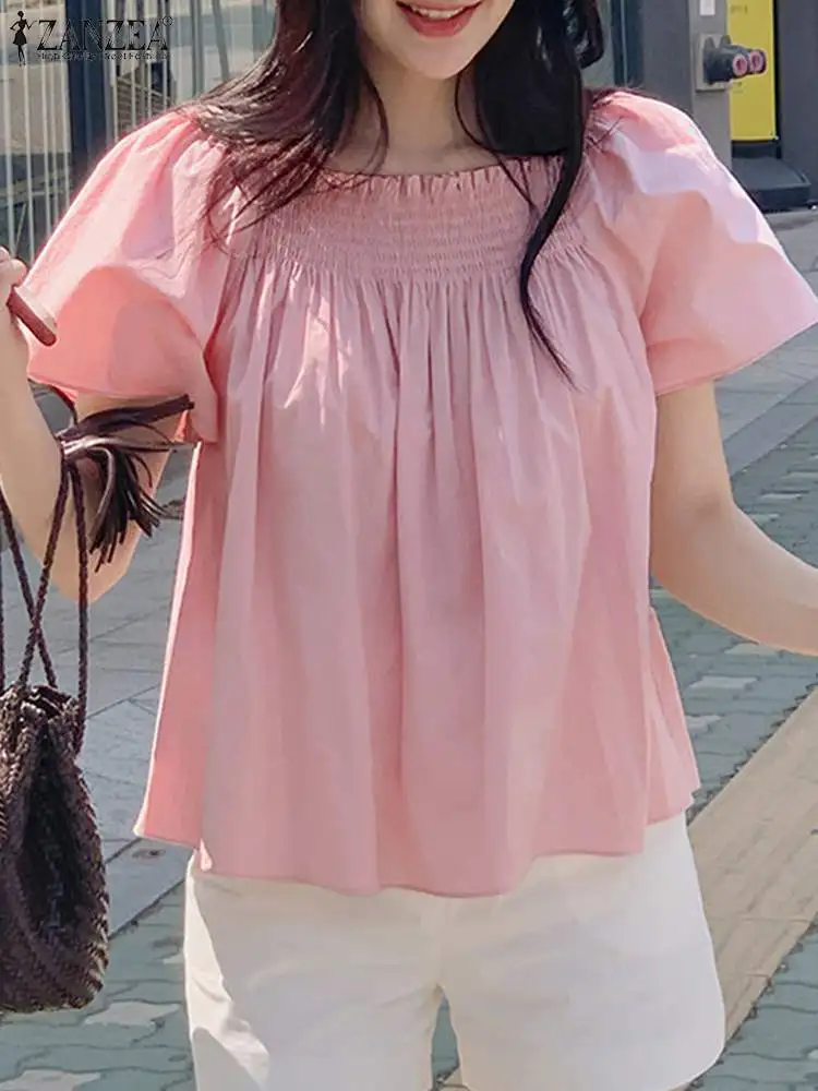 

ZANZEA Korean Fashion Smocked Square Neck Shirts Casual Holiday Tunics Short Sleeve 2023 Summer Pink Tops Elegant Women Blouses