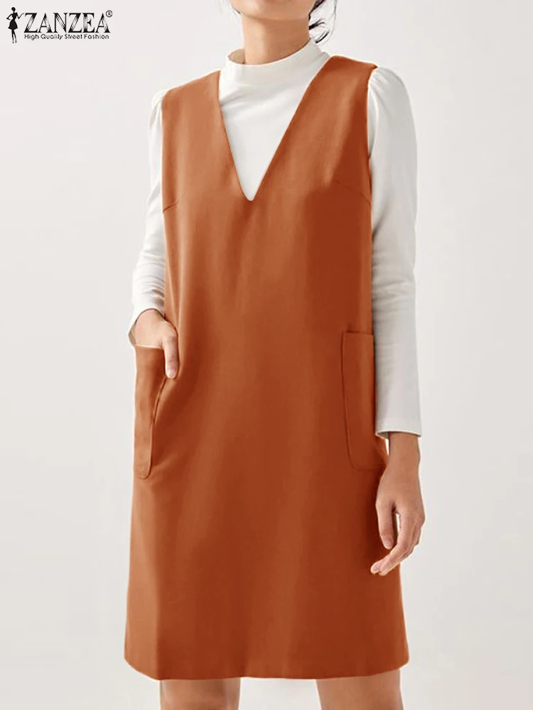 

Платье ZANZEA женское с V-образным вырезом, винтажное однотонное повседневное свободное ТРАПЕЦИЕВИДНОЕ мини-платье без рукавов, с карманами, весна 2024