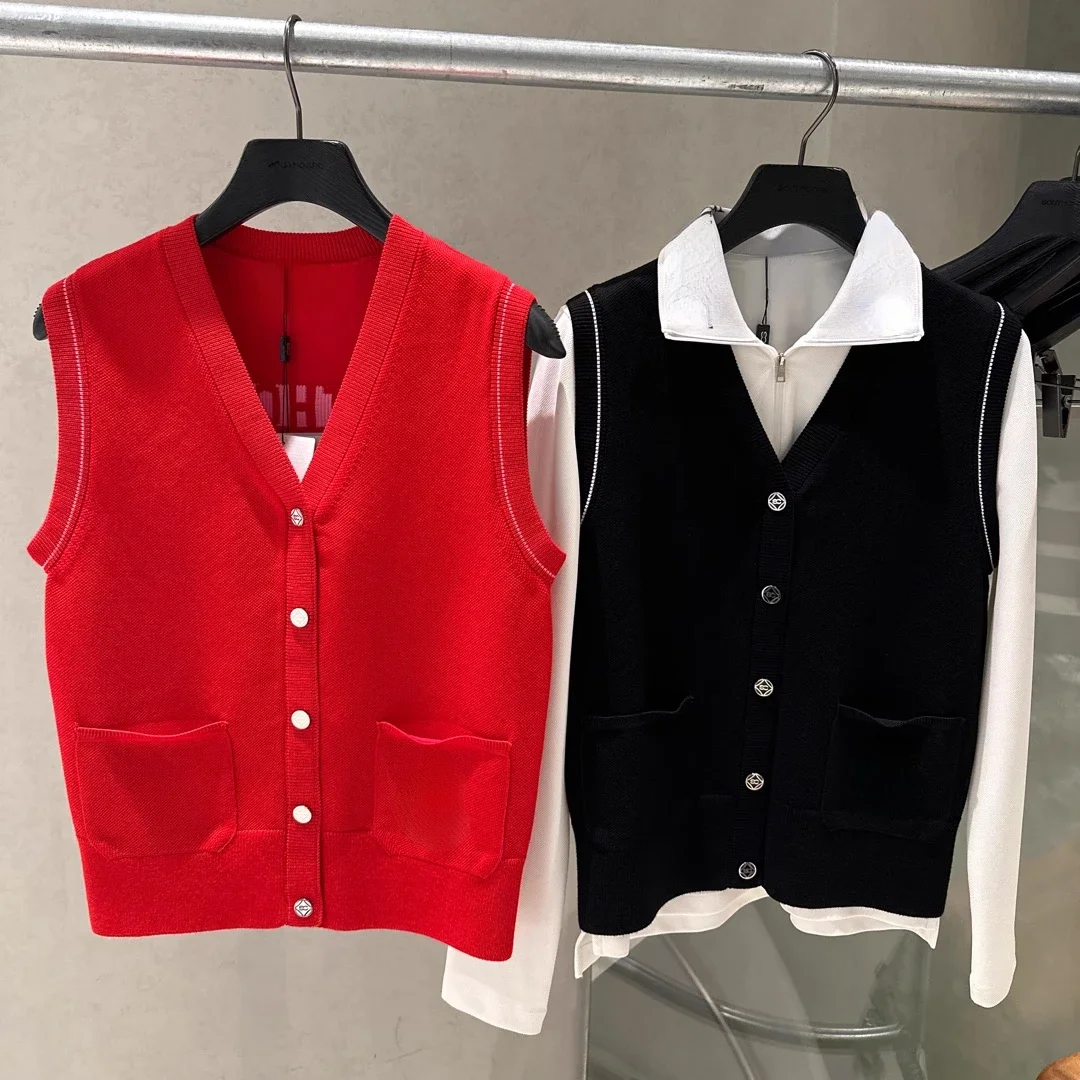 

New Winter Golf Women's Apparel Autumn 23 V-neck Knitted Vest Versatile Elastic Slim Fit Sleeveless Cardigan Top