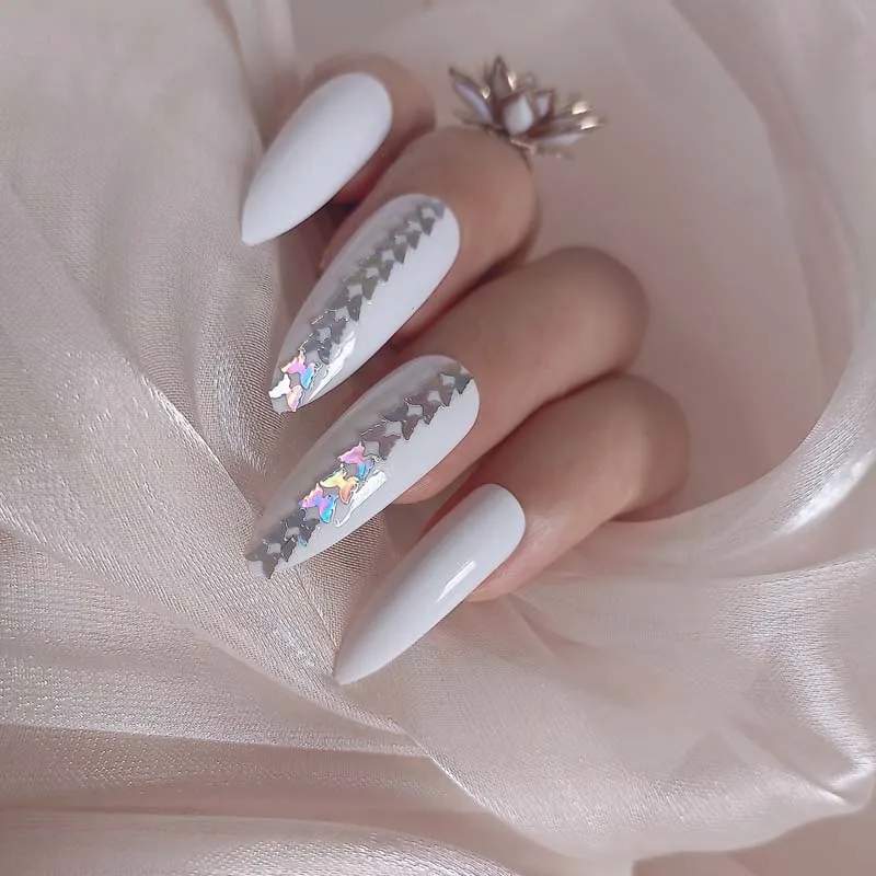 

24pcs Crystal False Nails Pointed Rhinestones Long Stiletto Acrylic Artificial Nail Art Tips white