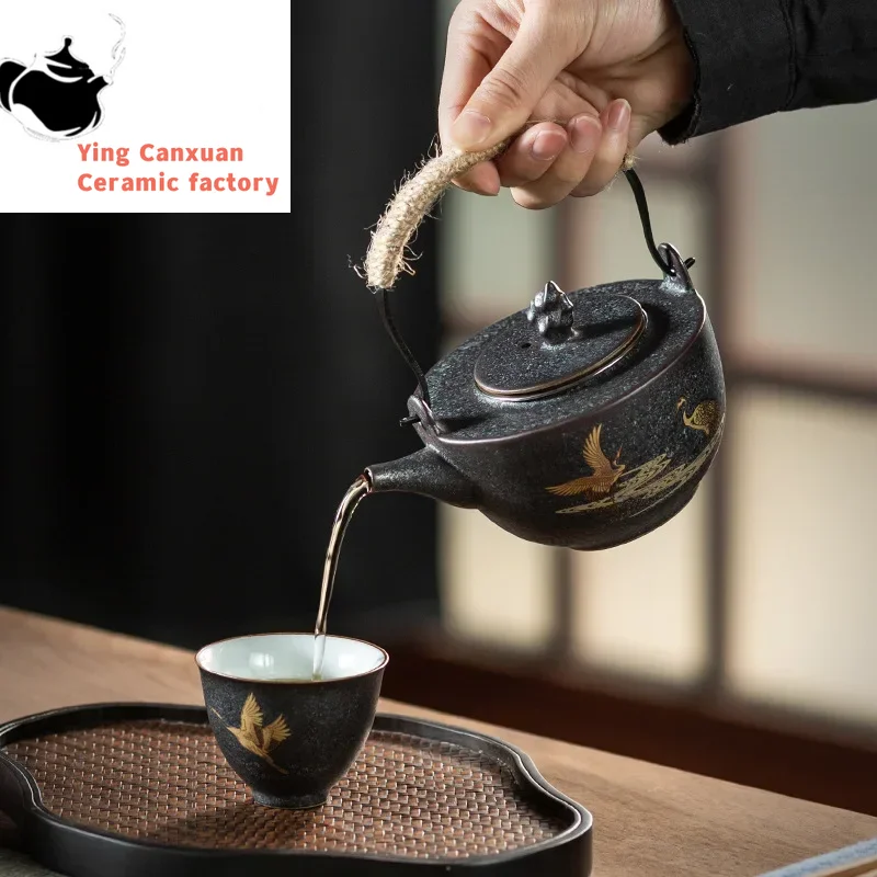 

Silver Spot Loop-Handled Teapot Japanese Retro Stoneware Ceramic Kung Fu Tea Set Teapot with Stainless Steel Screen Filter