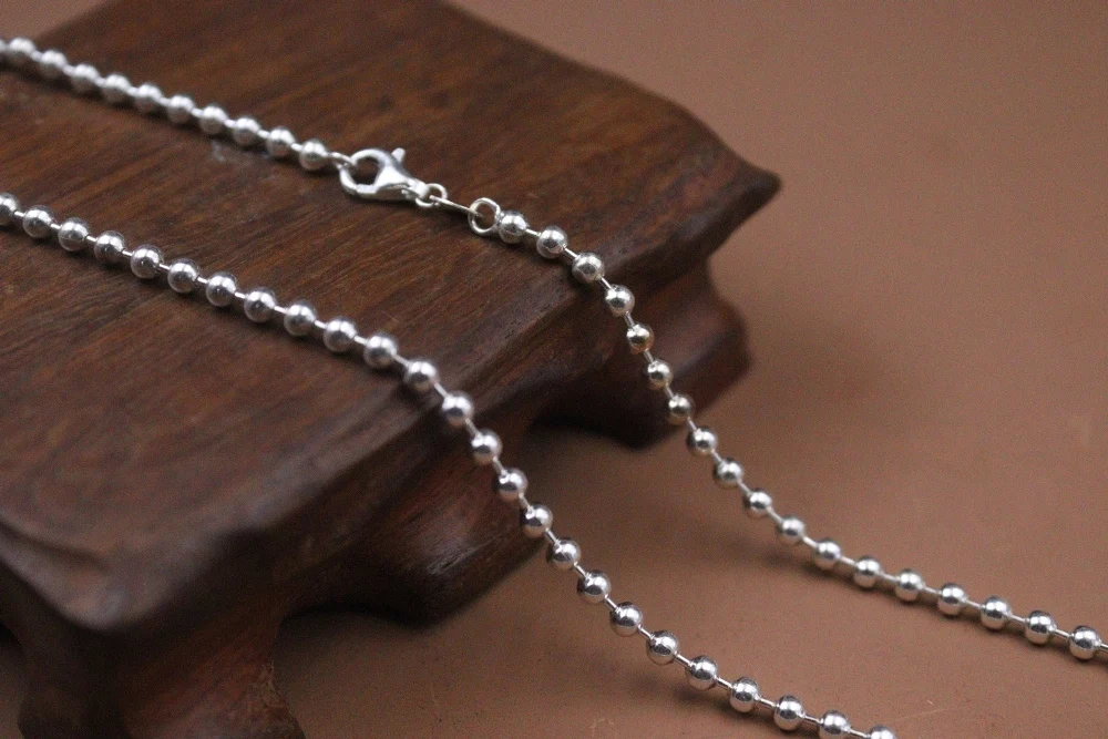 Real Pure S925 Sterling Silver Chain Lucky 3mm Glossy Beads Link Necklace 50cm/11g