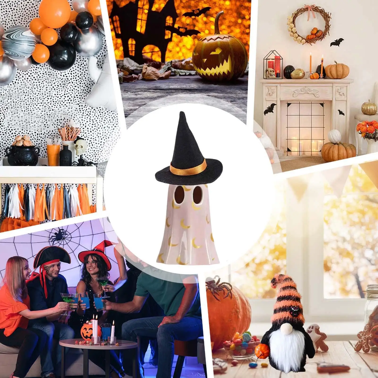 Halloween Ghost Figurine Decorative Halloween Desktop Sculpture Decorative Resin Light Up Ghost Wearing Witch Hat Sculpture For