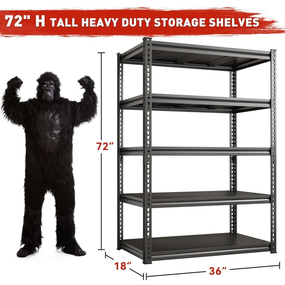 72"H Garage Shelving Load 2500 Lbs Garage Storage Shelves Heavy Duty Shelving 5-Tier Adjustable Shelves Sturdy Metal Shelves 2