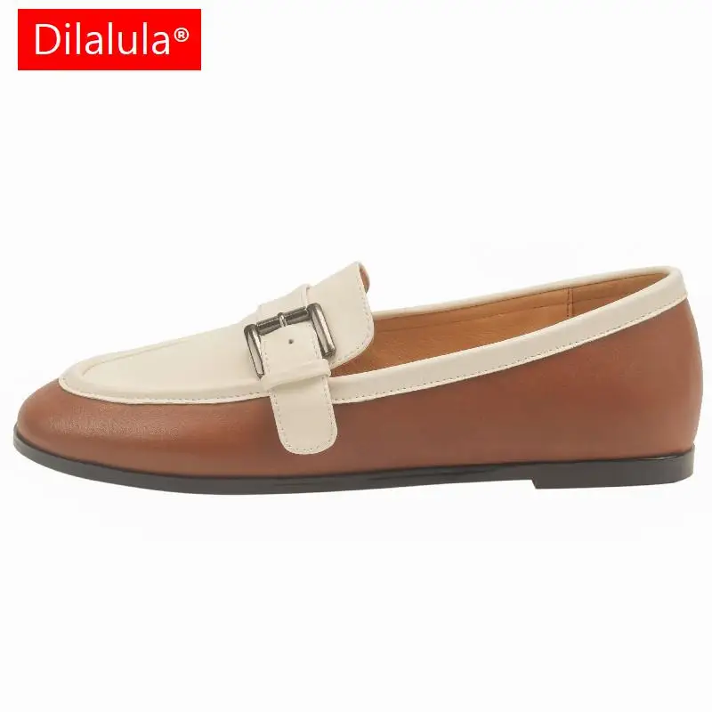 

Dilalula Concise Comfortable Women Flats Working Casual Metal Buckle Mixed Colors Genuine Leather Shoes Woman Spring Summer New