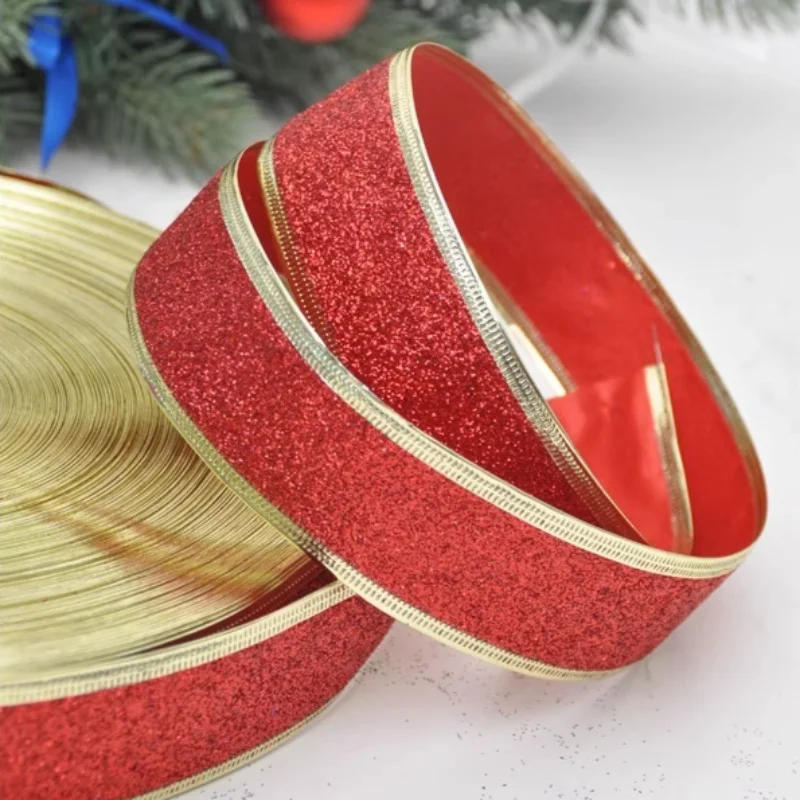 200cmX6.3cm Glitter Decorative Ribbons Red Silver Gold Ribbon With Iron Wire Christmas Decoration Ribbons for Crafts Bows