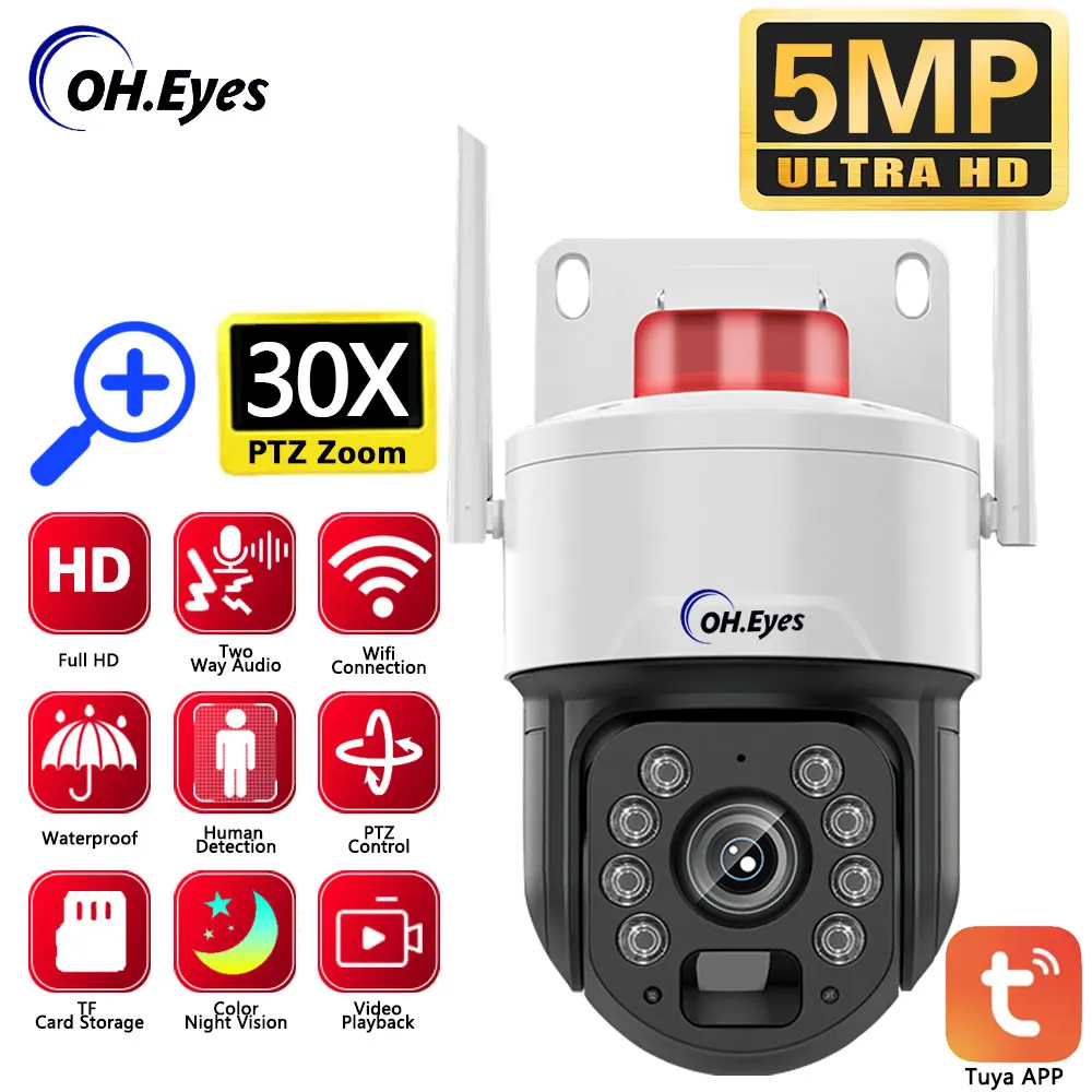 Tuya Smart Wifi 5Mp 30X Zoom Ottico Auto Tracking Outdoor Ptz Security Audio Spotlight Sorveglianza Sirena Sito Patrol Ip Camera