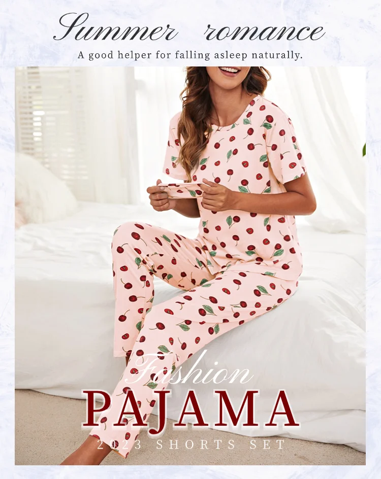 Women's Pajamas Set Spring Autumn New Short Sleeve Trousers Sleepwear Casual Flower Print Pajamas Woman Home Clothes Pyjama Suit