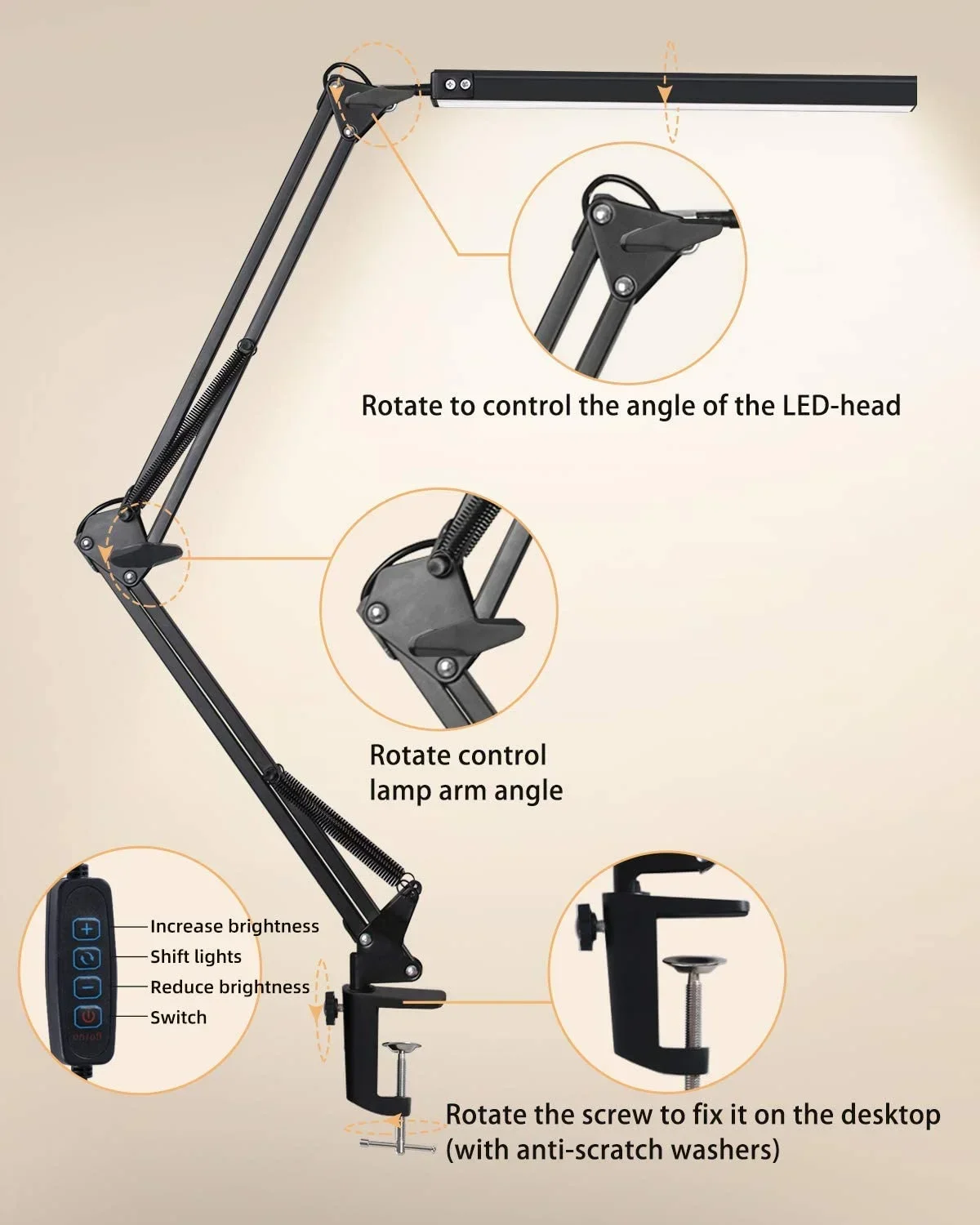 LED Desk Lamp With Clip, Desk Lamp With Eye Care, Office Light With Adjustable Brightness  3 Lighting Modes, 10 Brightness 6